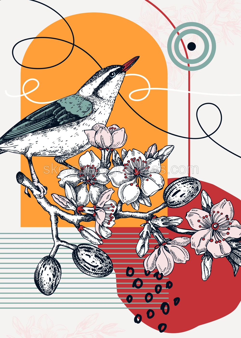 Collage-style bird card. Sketched nuthatch trendy poster. Creative designs with almond sketch, botanical illustrations, geometric shapes, and abstract elements for nature print, wall art, packaging.  Illustration